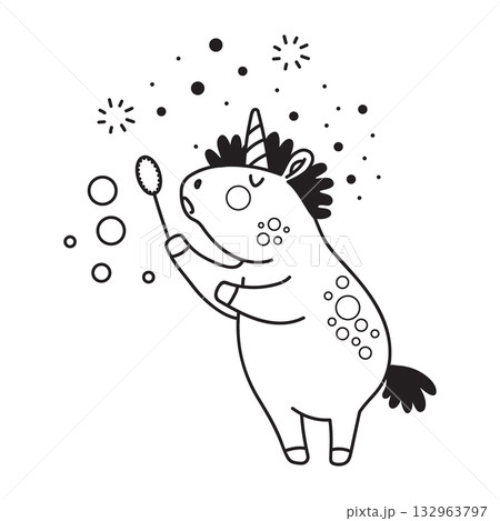Cute unicorn blowing soap bubbles coloring vector illustration 132963797