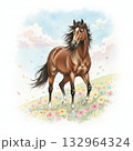 春の野花が咲き乱れる草原を歩くたてがみが美しい茶色の馬のイラスト素材 132964324