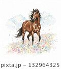 春の野花が咲き乱れる草原を歩くたてがみが美しい茶色の馬のイラスト素材 132964325
