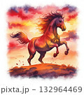 朝日を浴びて丘の上で前足を上げ立ち上がる横向きに足を上げる茶色の馬の水彩イラスト 132964469