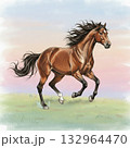 青空と丘の上で前足を上げ立ち上がる横向きに足を上げる茶色の馬の水彩イラスト 132964470