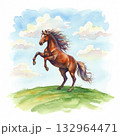 青空と丘の上で前足を上げ立ち上がる横向きに足を上げる茶色の馬の水彩イラスト 132964471