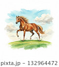 青空と丘の上で前足を上げ立ち上がる横向きに足を上げる茶色の馬の水彩イラスト 132964472