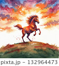 朝日を浴びて前足を上げ立ち上がる横向きに足を上げる茶色の馬の水彩イラスト 132964473