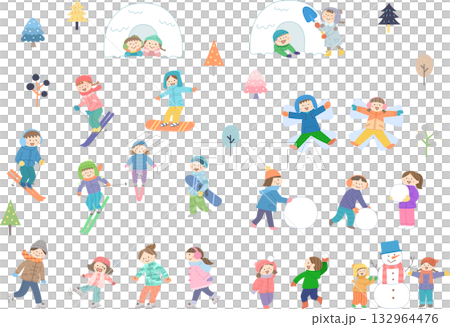 Illustration set of children enjoying skiing and playing in the snow 132964476
