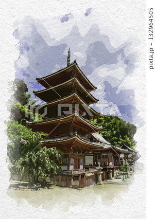 水彩画風 明王院 五重塔 広島県福山市 水彩画風 明王院 五重塔 広島県福山市 132964505