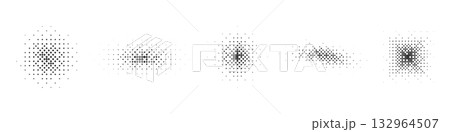 Halftone gradient shapes. Abstract dotted squares, fading pixel forms, geometric stipple design, grain pattern, retro raster minimal dotted silhouettes, textured point black white shading effect 132964507