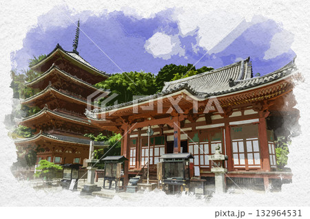 水彩画風　明王院　本堂と五重塔　広島県福山市 132964531