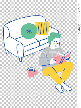 一個男人一邊喝咖啡一邊看書_彩色 132964533