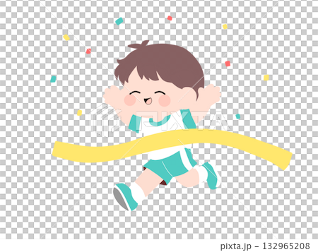 A boy crosses the finish line amid confetti 132965208
