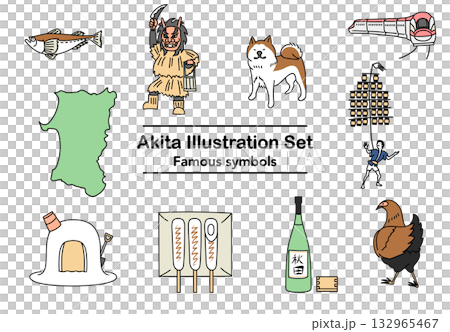 庫存插圖：一套描繪秋田特產和旅遊景點的插圖。 132965467
