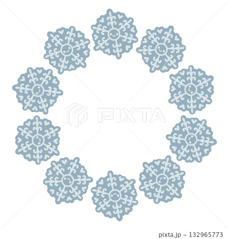 Vector illustration of cute snowflakes arranged in a circular frame. Winter holiday design, Christmas decoration, snowflake wreath, isolated on white background, perfect for greeting cards and prints Vector illustration of cute snowflakes arranged in a circular frame. Winter holiday design, Christmas decoration, snowflake wreath, isolated on white background, perfect for greeting cards and prints 132965773