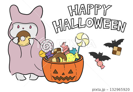 お化けの仮装をしてドーナツを食べるウサギのゆるかわいいハロウィンイラスト 132965920