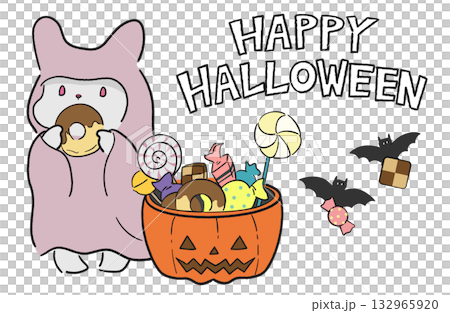 お化けの仮装をしてドーナツを食べるウサギのゆるかわいいハロウィンイラスト 132965920