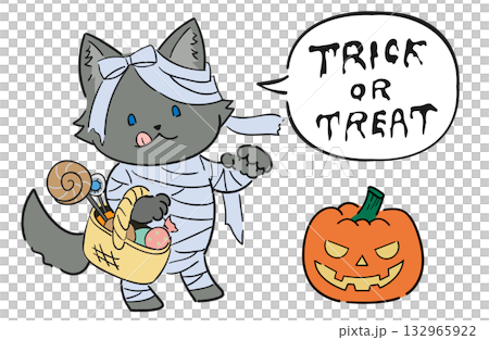A cute and relaxed Halloween illustration of a wolf (dog) dressed as a mummy 132965922