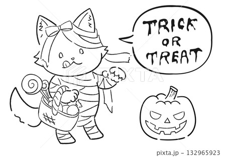 ミイラ男の仮装をした狼(犬)のゆるかわいいハロウィンイラスト（線画） 132965923