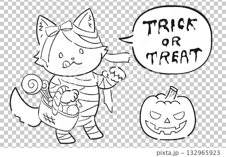 ミイラ男の仮装をした狼(犬)のゆるかわいいハロウィンイラスト（線画） 132965923