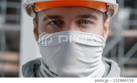 Blank white neck gaiter on construction worker mockup, ai generated 132966159
