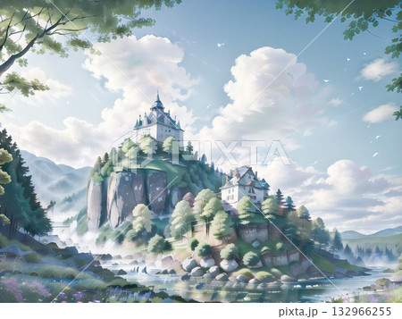 岩山と森の間にそびえる白亜の城と水辺の街 岩山と森の間にそびえる白亜の城と水辺の街 132966255