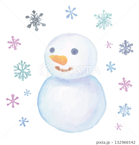 水彩手描きの雪だるまと雪の結晶 132966542