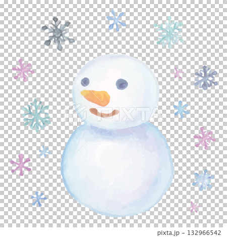 水彩手描きの雪だるまと雪の結晶 132966542