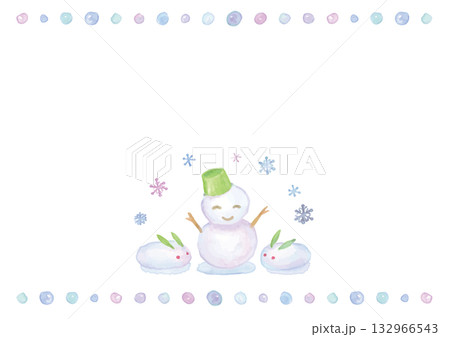 上下をドットで飾った雪だるまと雪うさぎの背景 132966543
