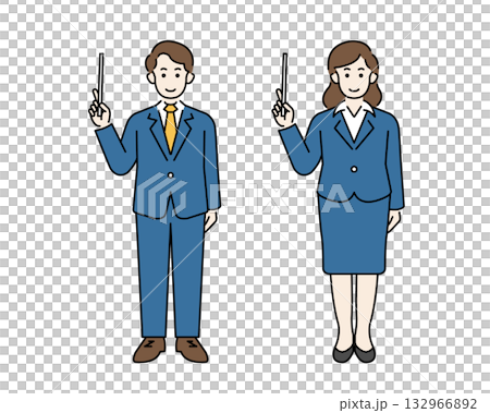 Smiling men and women in suits giving presentations Full-body illustration of an office worker holding a pointing stick Smiling men and women in suits giving presentations Full-body illustration of an office worker holding a pointing stick 132966892