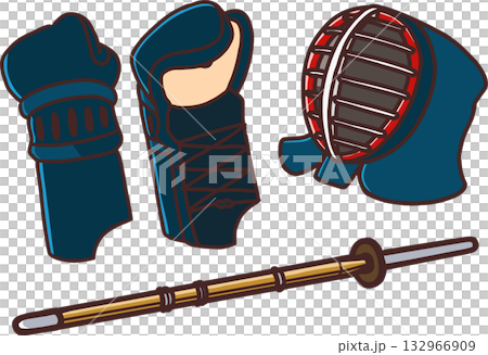 Various tools used in Kendo: bamboo swords, men, kote 132966909