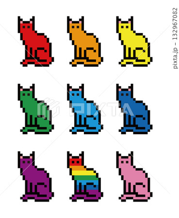 カラフル（ビビッド）な猫のドット絵のイラスト素材 [132967082] - PIXTA