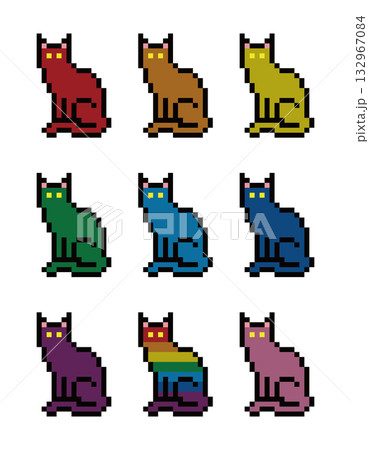 カラフル（ダーク）な猫のドット絵のイラスト素材 [132967084] - PIXTA