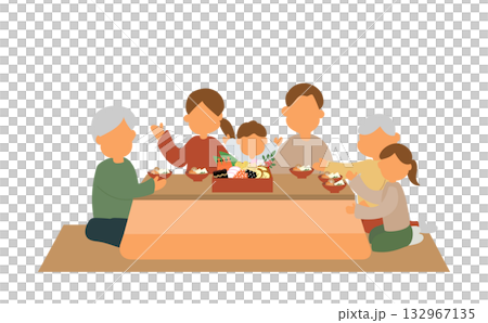 お節料理を囲む三世代家族 お節料理を囲む三世代家族 132967135