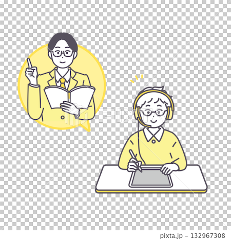 ヘッドセットを付けてオンラインで学習をしている男の子のイラスト素材 132967308
