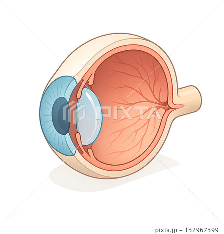 目の断面構造をわかりやすく示した図、 眼球の内部構造と視神経の解説イラスト、 人の目の仕組みを学べる 目の断面構造をわかりやすく示した図、 眼球の内部構造と視神経の解説イラスト、 人の目の仕組みを学べる 132967399