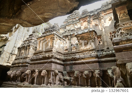 Architecture of the Hindu religious art at the Elora Caves, a UNESCO World Heritage Site, is one of the world's largest collections of rock-cut temples, dating back to 600-1000 AD. 132967601