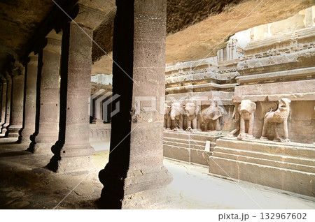 Architecture of the Hindu religious art at the Elora Caves, a UNESCO World Heritage Site, is one of the world's largest collections of rock-cut temples, dating back to 600-1000 AD. 132967602