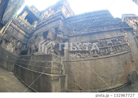 Architecture of the Hindu religious art at the Elora Caves, a UNESCO World Heritage Site, is one of the world's largest collections of rock-cut temples, dating back to 600-1000 AD. 132967727