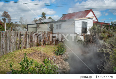 The geothermal activity underneath the ground in Whakarewarewa the living Maori village in Rotorua town in North Island of New Zealand. 132967776