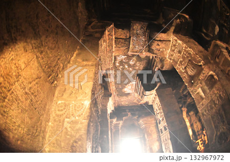 The religious sites and art at the Elora Caves,a UNESCO World Heritage Site,are one of the world's largest collections of rock-cut temples, dating back to 600-1000 AD. Located at Aurangabud in India. 132967972