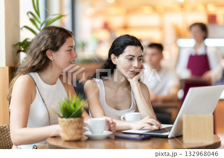 Two women looking at laptop and chatting in cafe 132968046