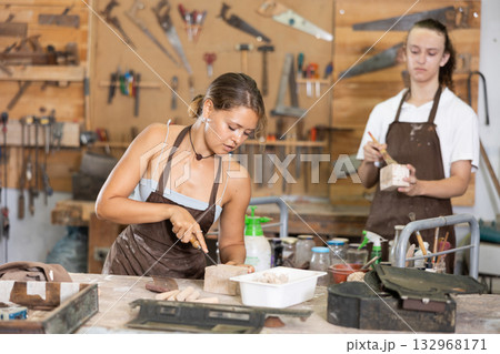 Girl working with wood in carpentry workshop 132968171
