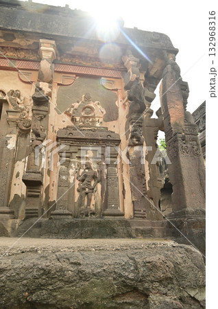 Ellora Caves, Ancient Hindu Rock Temples Ancient Hindu temples (Kailash Mandir and the chariot built to worship Lord Shiva) carved out of solid rock. Cave 16, Ellora Caves, near Aurangabad, India. 132968316