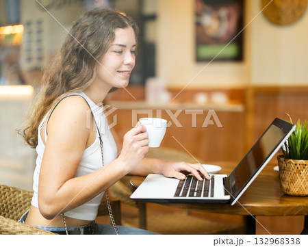 Young woman working at a laptop in a cafe 132968338