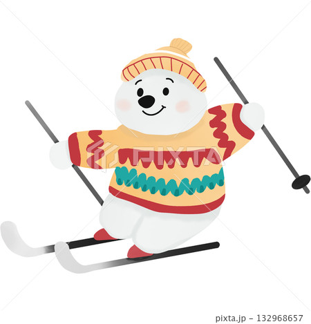A charming illustration of a polar bear skiing while wearing a colorful winter sweater and hat. A charming illustration of a polar bear skiing while wearing a colorful winter sweater and hat. 132968657