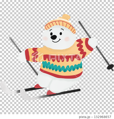 A charming illustration of a polar bear skiing while wearing a colorful winter sweater and hat. A charming illustration of a polar bear skiing while wearing a colorful winter sweater and hat. 132968657