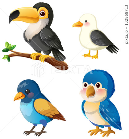 Colorful Cartoon Birds Set in Vector Illustration 132968713