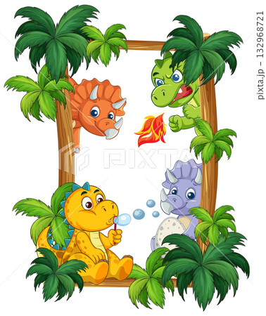 Playful Dinosaurs in Tropical Jungle Frame 132968721