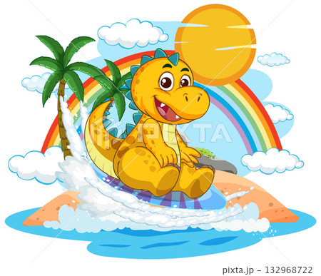 Cheerful Dinosaur Surfing Under a Rainbow 132968722