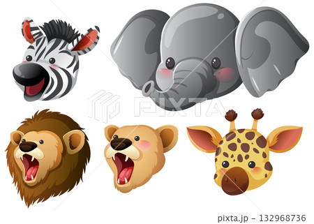 Cartoon African Animal Faces with Expressive Emotions 132968736