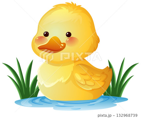 Cute Yellow Duckling in Pond with Green Reeds 132968739