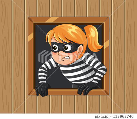 Female Burglar Climbing Through Wooden Window Frame 132968740
